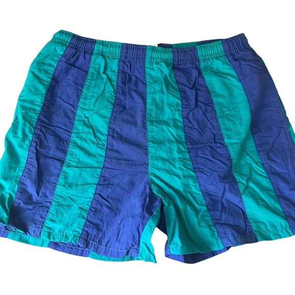 Vintage 90s Size Medium Blue and Green Men's Swim Shorts - Picture 1 of 5
